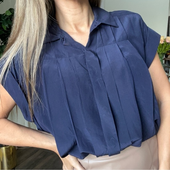 CHANEL Vintage Short Sleeve Navy Blue Silk Pleated Draped  Button Blouse Top M - Picture 1 of 13
